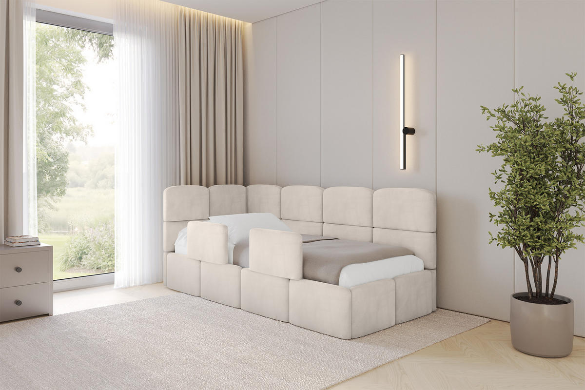 EINZELLBETT Jugendbett mit Bettkasten und Matratze H3/H4, Rechts - KIVY 80x200 Beige - Sandfarben, Holzwerkstoff/Textil (80/200cm) - ALTDECOR