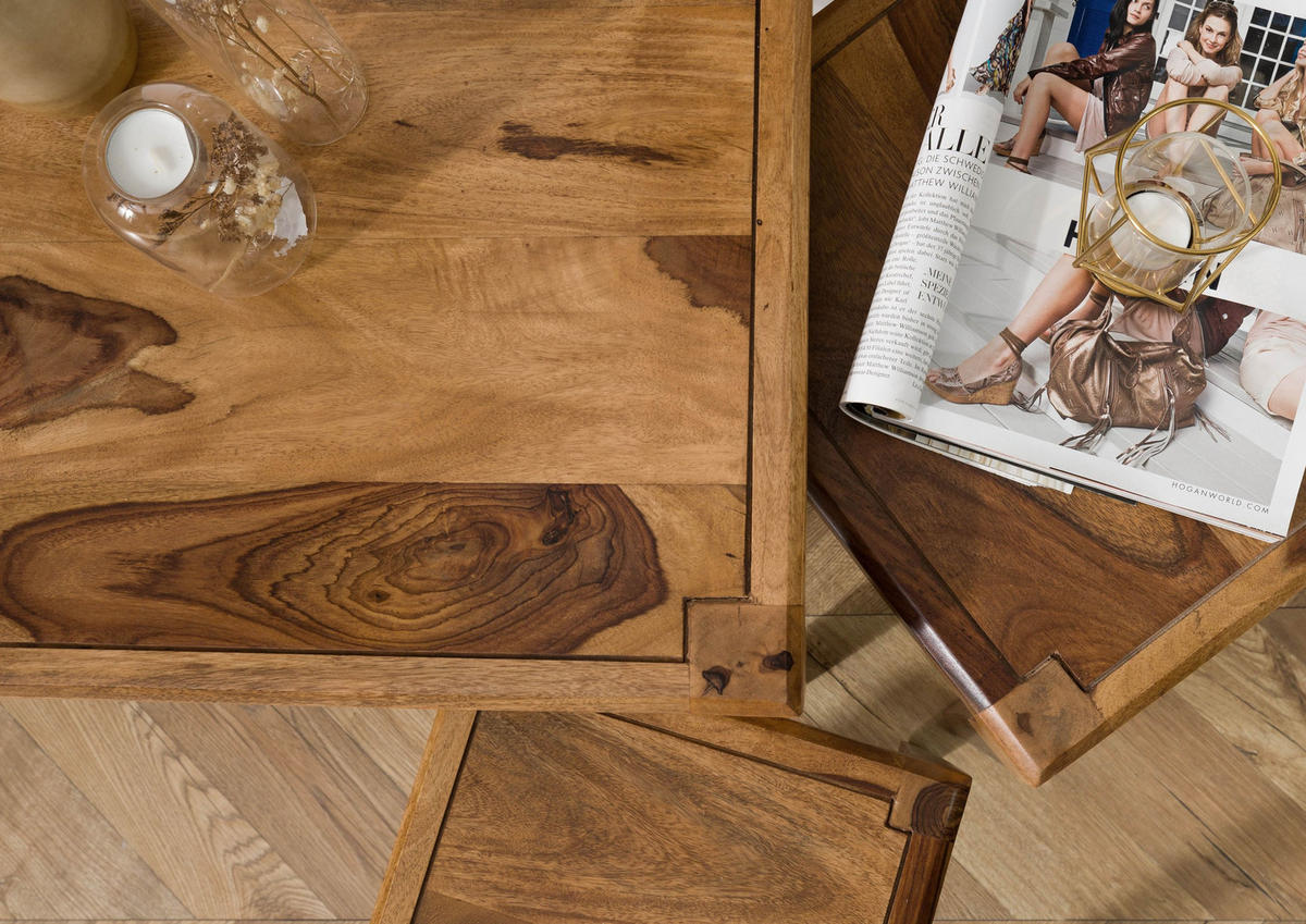 BEISTELLTISCH 3er-Set Sheesham 50x50 / 40x40 / 31,5 x34 braun lackiert ANCONA #112 - Braun, Holz (50/50/50cm) - Massivmoebel24