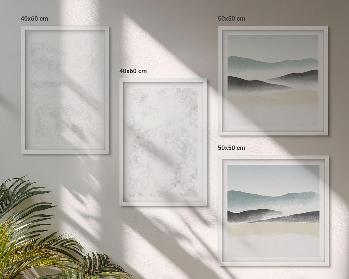 BILDER SET 4er Set - 50x50 cm & 40x60 cm Weißer Rahmen - Weiße Flecken auf Leinwandhintergrund - Weiß, Kunststoff (50/50cm) - TULUP