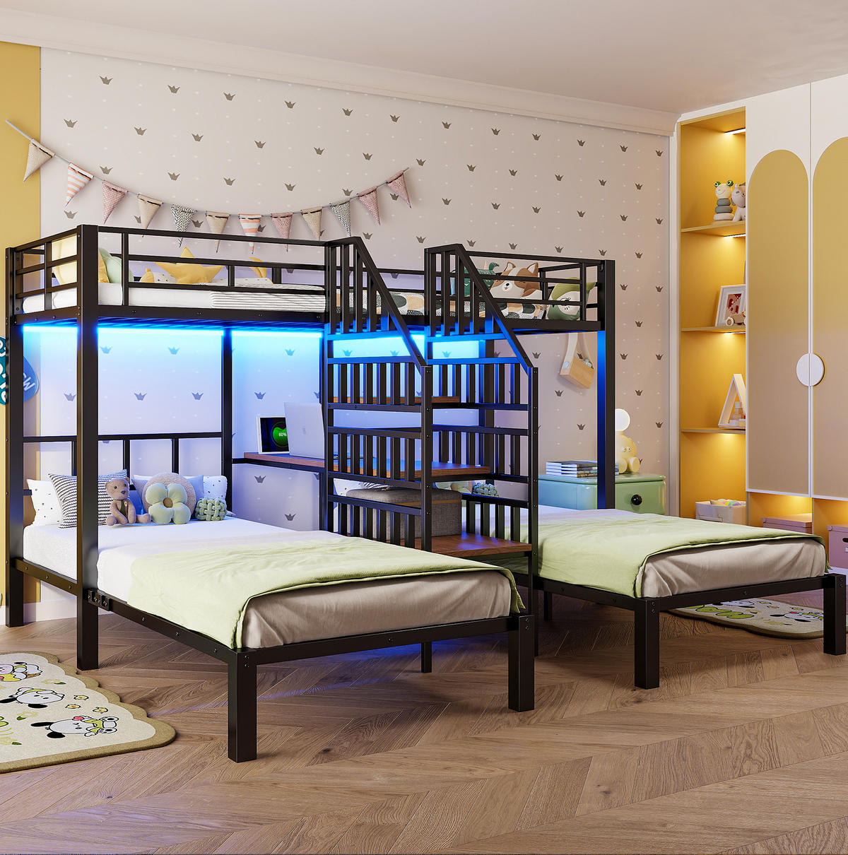 ETAGENBETT aus Metall und MDF 90x200 cm Schwarz mit LED, Schreibtisch, Stauraumtreppe, Regal, USB und Steckdose - Schwarz, Metall (90/200cm) - Modfu