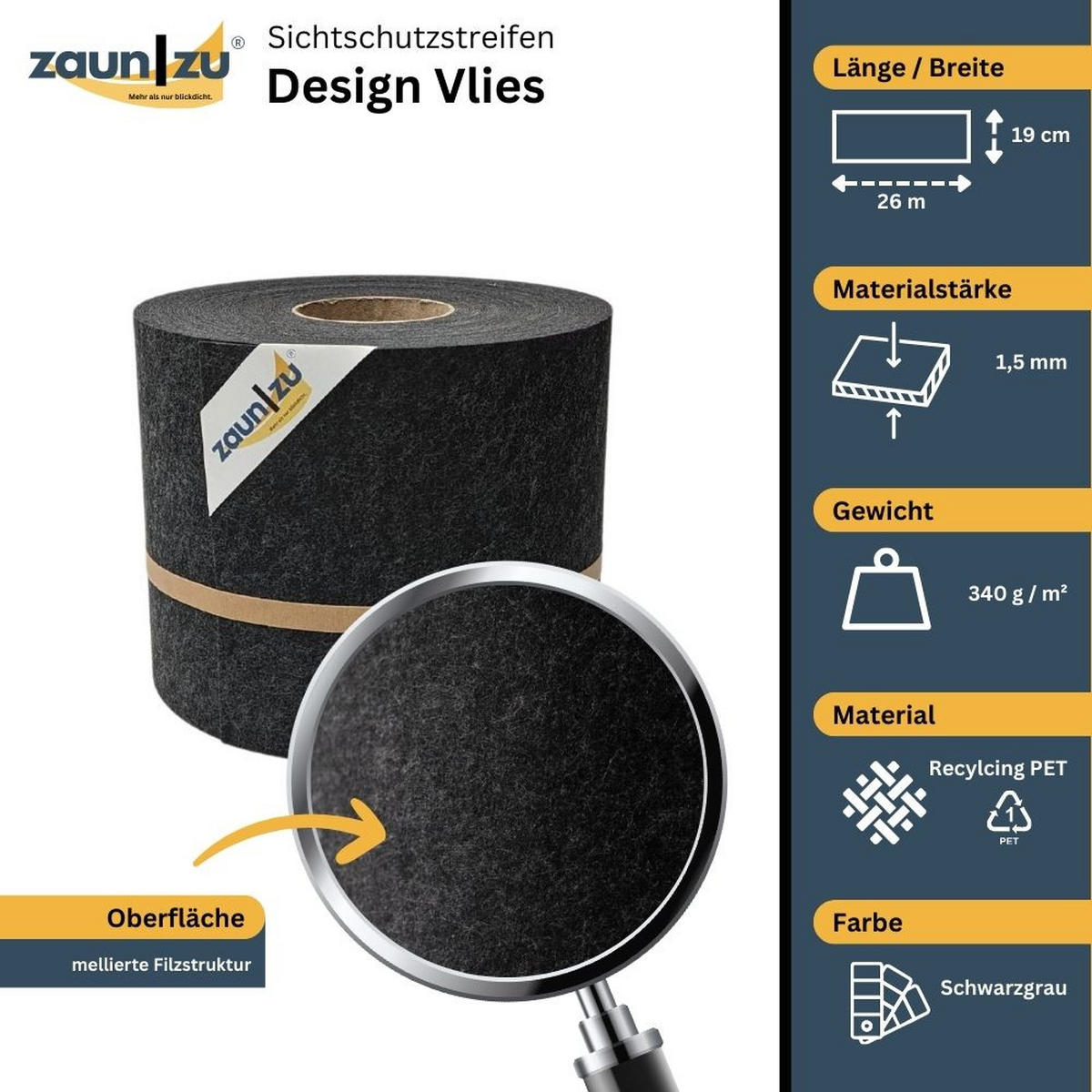 SICHTSCHUTZSTREIFEN Design Vlies für Doppelstabmatten Schwarzgrau 26m - Schwarz, Kunststoff (2600/19cm) - ZAUN|ZU