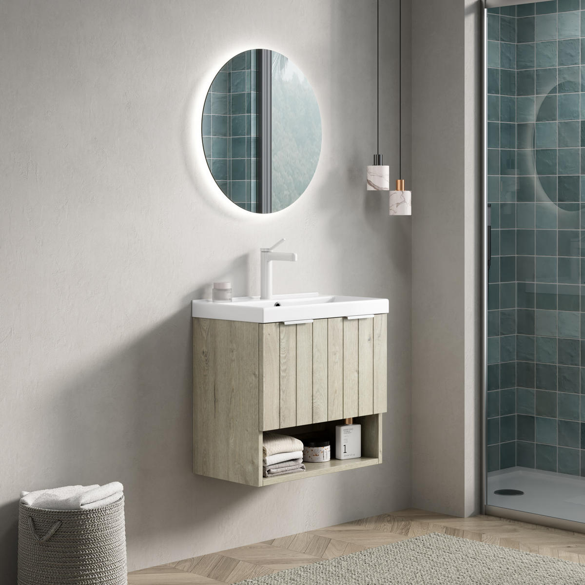 WASCHTISCHUNTERSCHRANK 55x32x53cm Creme/Weiß mit glänzendem Keramikbecken - Creme, Keramik (55/53/32cm) - Modfu