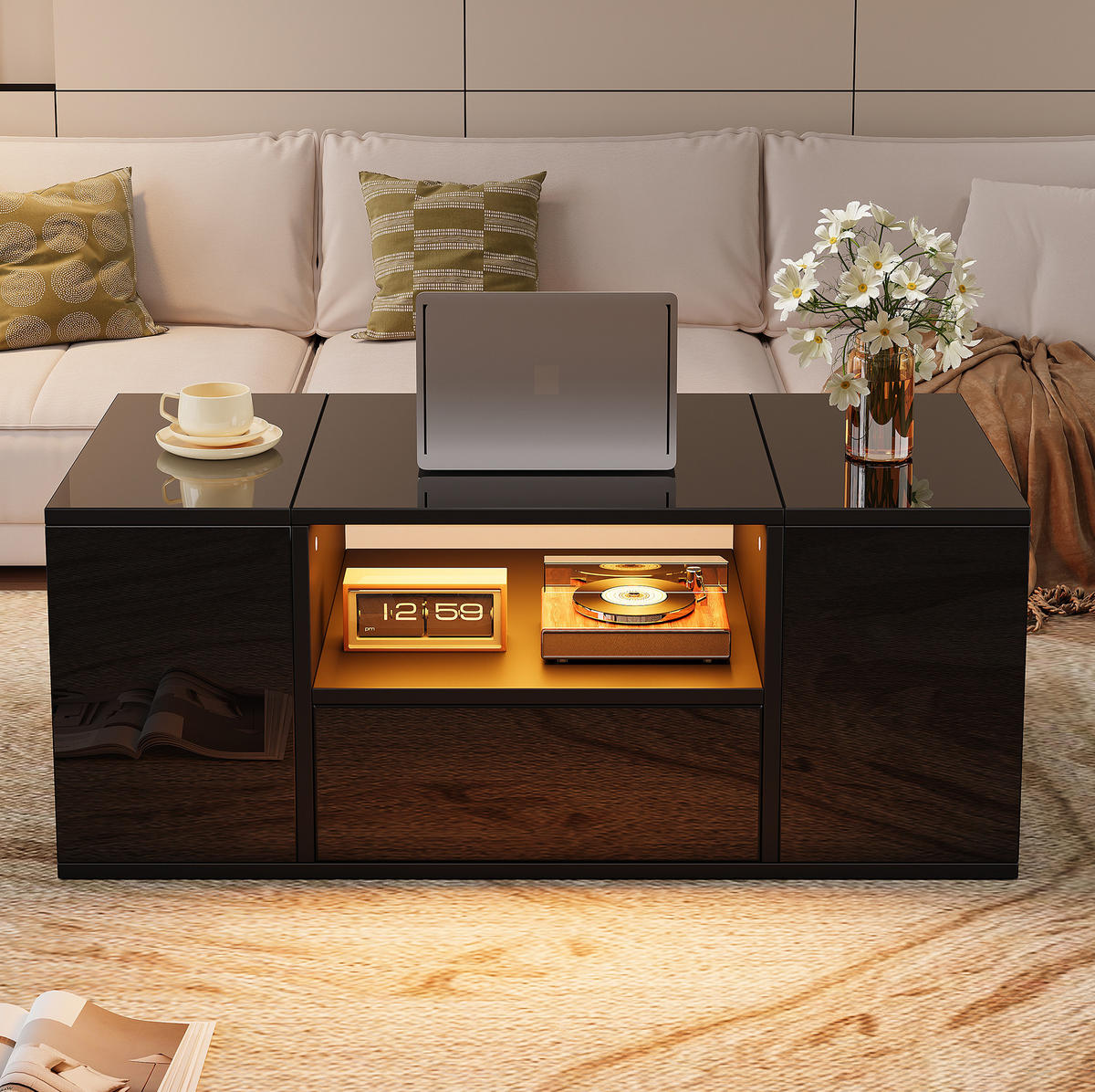 COUCHTISCH aus Spanplatte 100x50x40 cm Schwarz Hochglanz mit LED-Beleuchtung und 6 Staufächern - Schwarz, Holzwerkstoff (100/50/40cm) - IVMEU