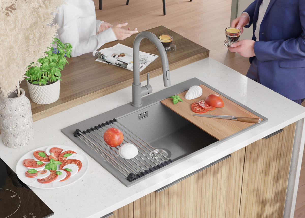SPÜLBECKEN Oslo, 2-er set Grau 78/50 cm 1 Becken + Ablauf-Set + Schneidebrett ab 80er Unterschrank - Chromfarben/Beige, Kunststoff (78/20/50cm) - Primagran