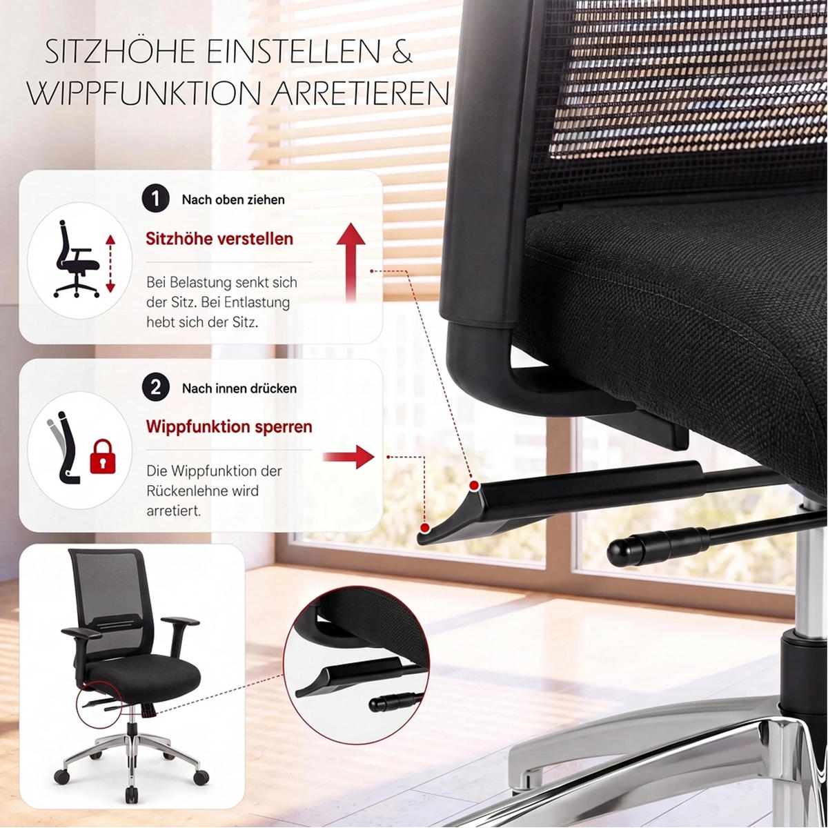 BÜROSTUHL Tanda Stoff/Mesh Schwarz - ergonomisch, 150 kg belastbar, Sitzhöhe 49-61cm - Schwarz, Kunststoff/Textil (65/102/68cm) - Versee