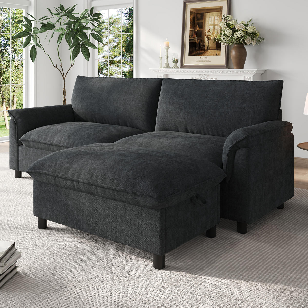 SOFA mit Hocker und Stauraum B 216 x T 77 x H 82 cm Chenille Black - Schwarz, Holzwerkstoff (77/216cm) - Meubliv
