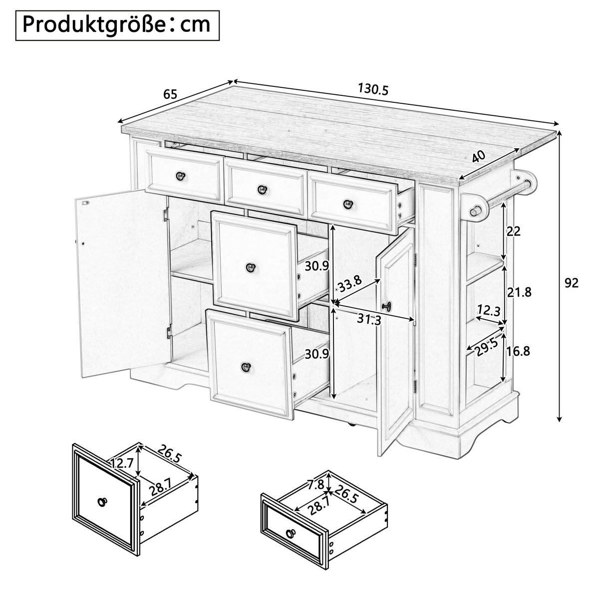 KÜCHENINSEL aus MDF 130.5x40-65x92 cm Schwarz mit klappbarer Platte & Ladestationc - Schwarz, Holzwerkstoff (130.5/92/65cm) - Modfu