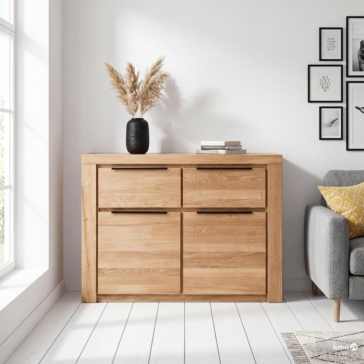 KOMMODE - Eiche teilmassiv - Eiche / Eiche Dekor - Eichefarben/Schwarz, Holz/Holzwerkstoff (108/80/40cm) - home24