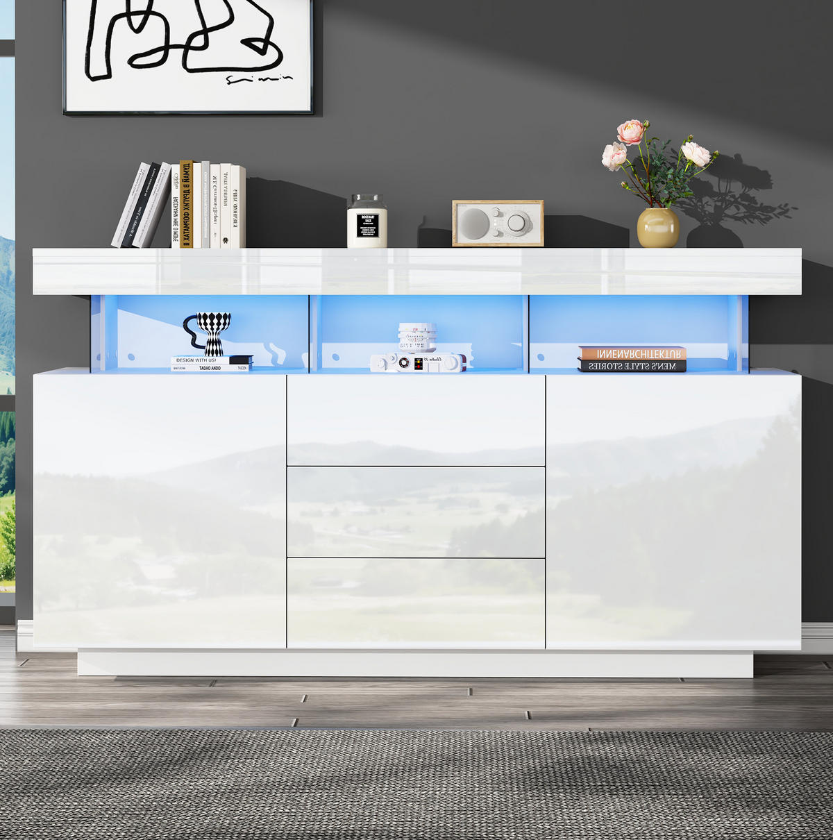 SIDEBOARD 140/35/80 cm mit LED-Beleuchtung, 3 Schubladen und 2 Türen, Hochglanz mit Acryl-Details, Weiß - Weiß, Holzwerkstoff (140/80/35cm) - Redom