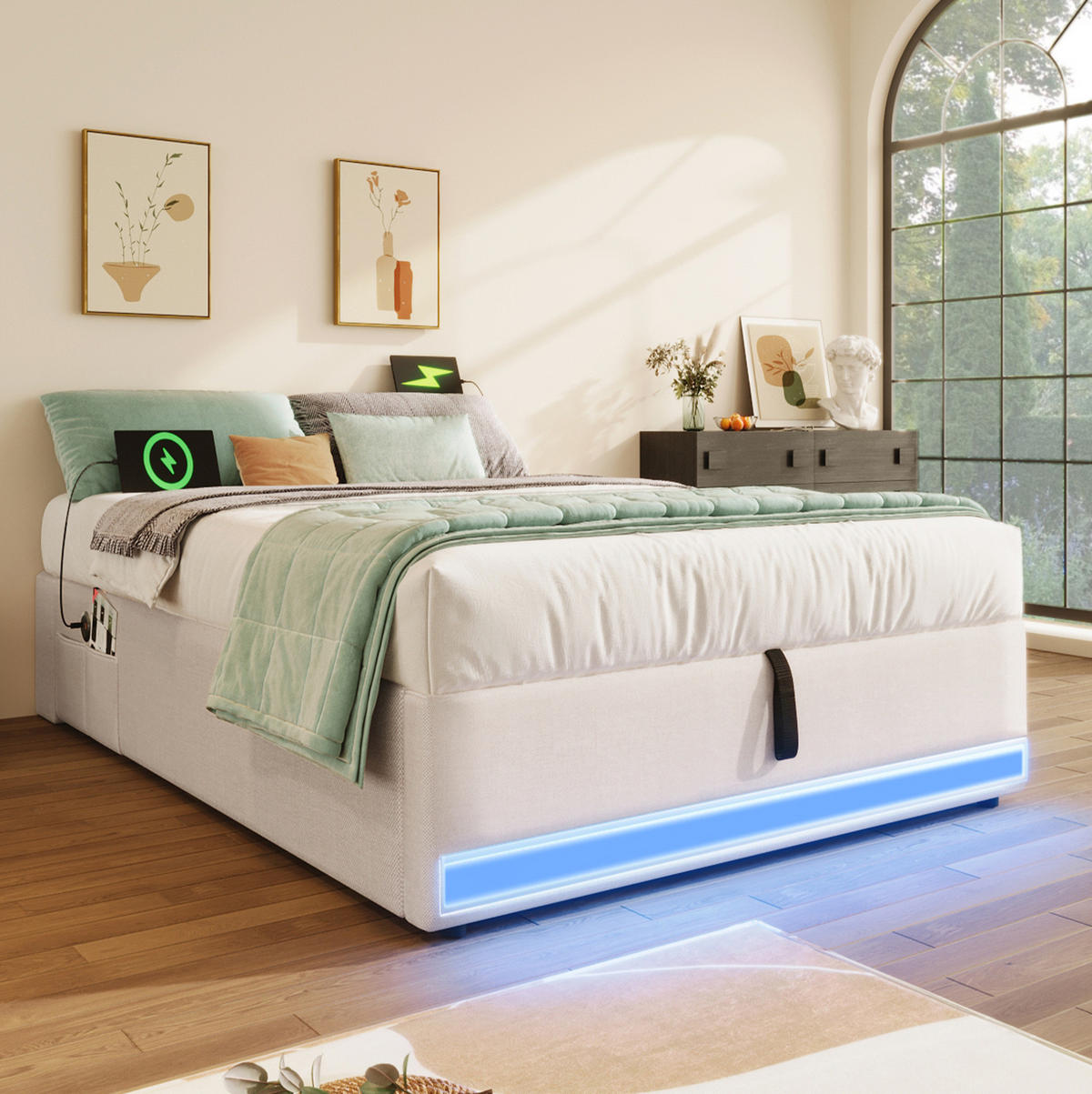 POLSTERBETT 90/200 cm beige aus Leinen mit LED-Leiste, USB und Typ-C - Beige, Textil (90/200cm) - OKMYHOME
