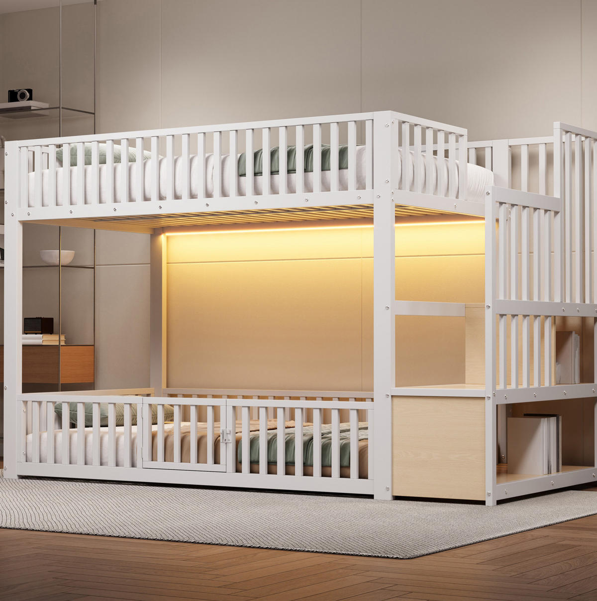 ETAGENBETT aus MDF und Metall 90x200 cm Weiß mit LED-Beleuchtung, Stauraumleiter und Schutzgittern - Weiß, Holzwerkstoff (90/200cm) - Modfu