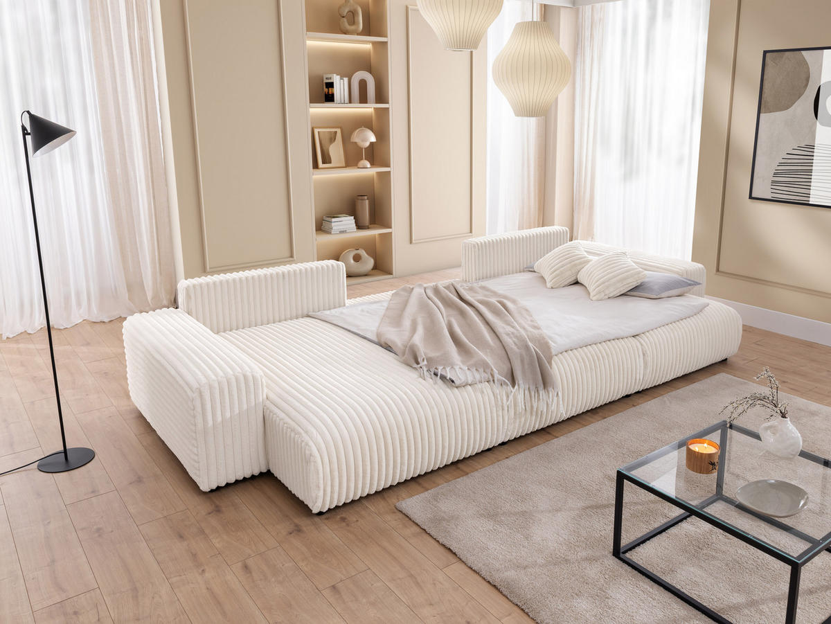 WOHNLANDSCHAFT Mollis Hellbeige Plüschcord mit Schlaffunktion - Beige/Schwarz, Holz/Kunststoff (350/77/168cm) - S-Style Möbel