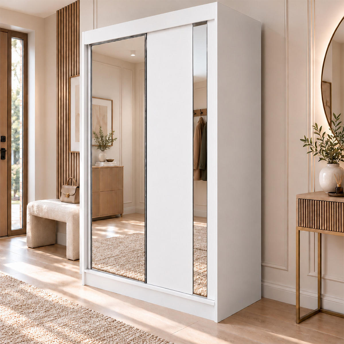 KLEIDERSCHRANK Gloria 120 cm Weiß Spiegel 2 Schubladen Griffe silber - Weiß, Holzwerkstoff (120/216/61cm) - KS Home Concept