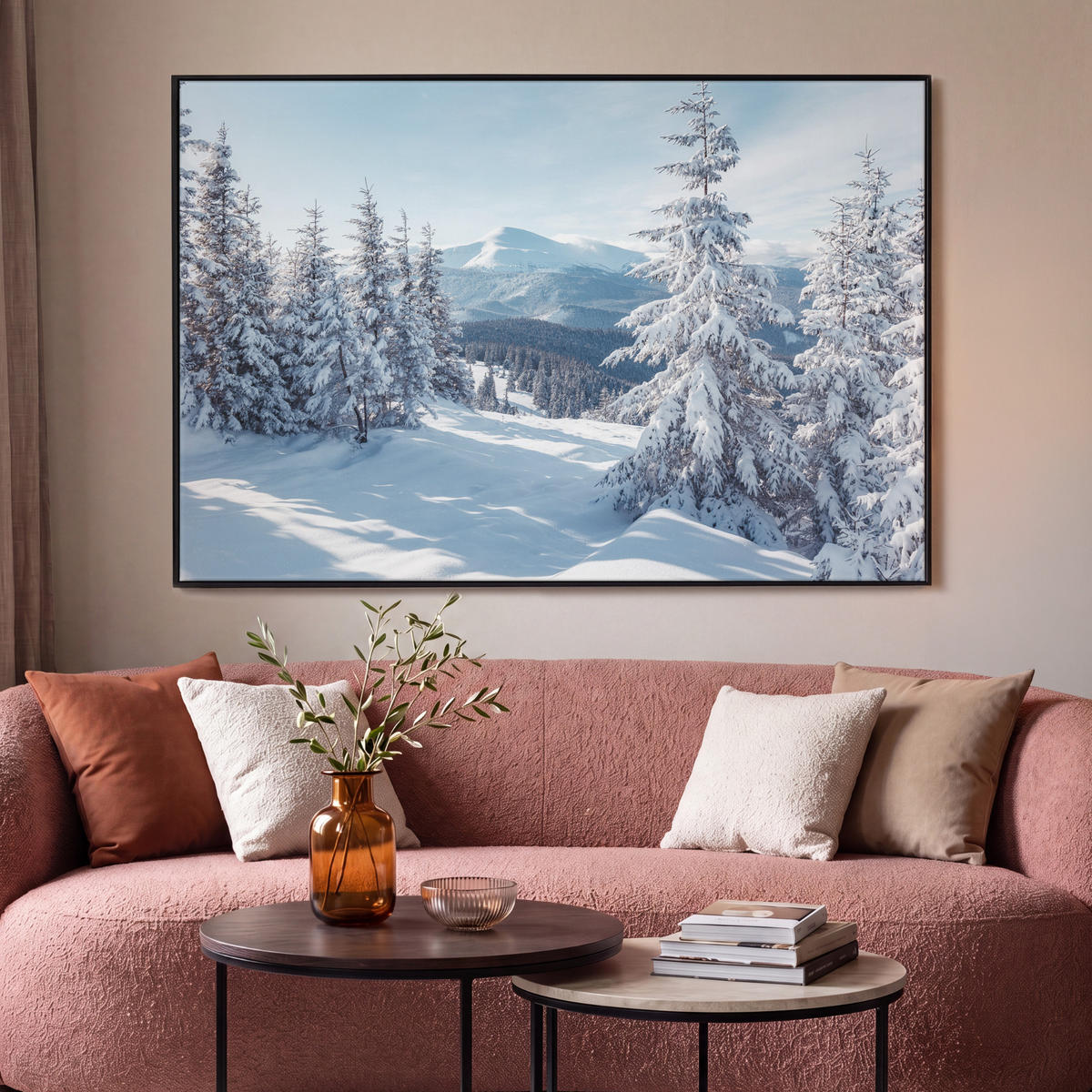 LEINWAND Bilder mit Rahmen - Winterlandschaft - Natur - Berge - Bäume - Schnee - 120x80 - Hellblau, Textil (120/80cm) - MuchoWow