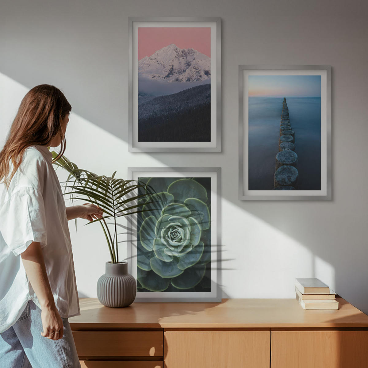 BILDER SET 3er Set - 40x60 cm Silberner Rahmen - Berge, rosa Himmel, Wasser, Sukkulente - Silberfarben, Kunststoff (40/60cm) - TULUP