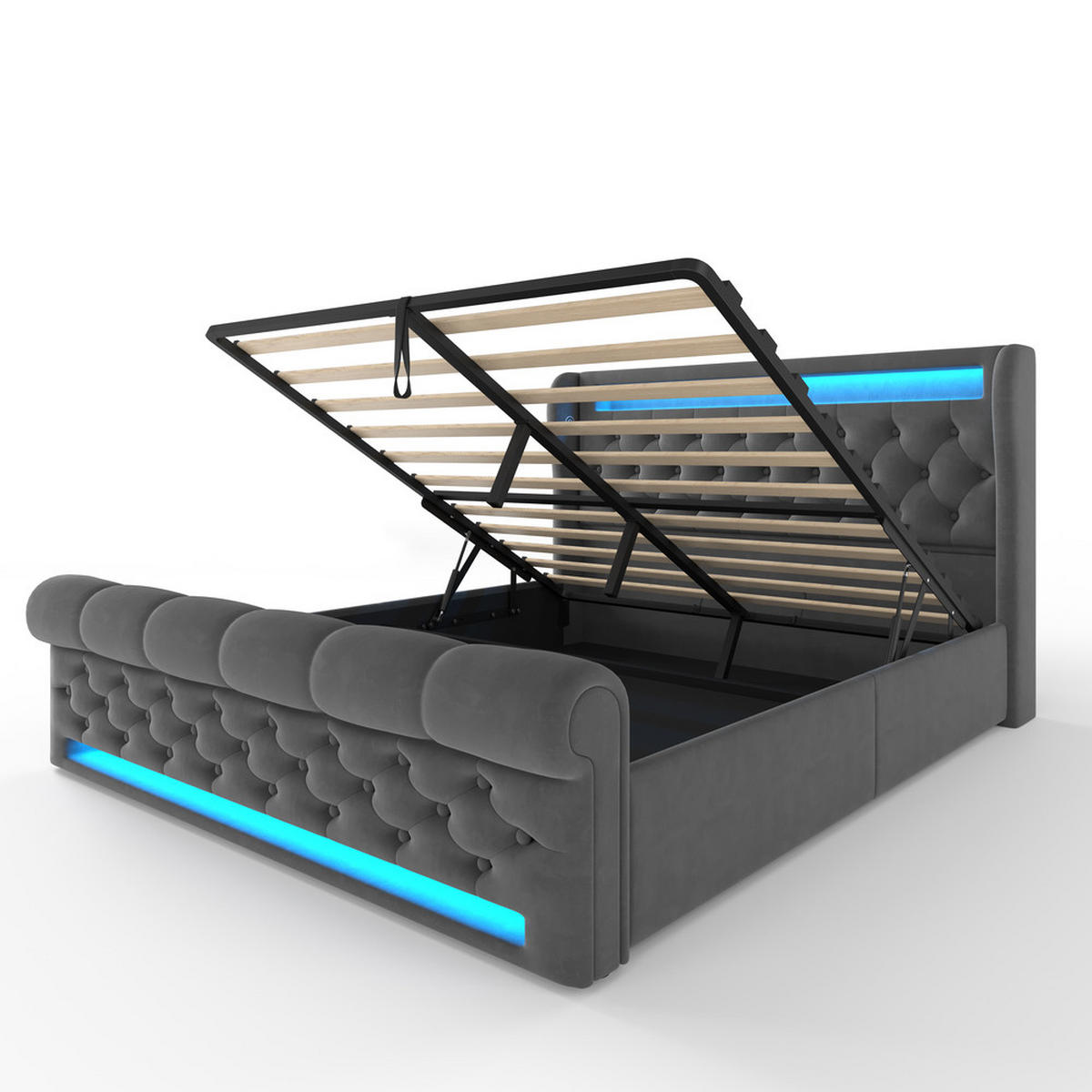 POLSTERBETT 140x200cm Doppelbett LED USB-C & Hydraulik Grau Samt - Grau, Holz (140/200cm) - FLIEKS