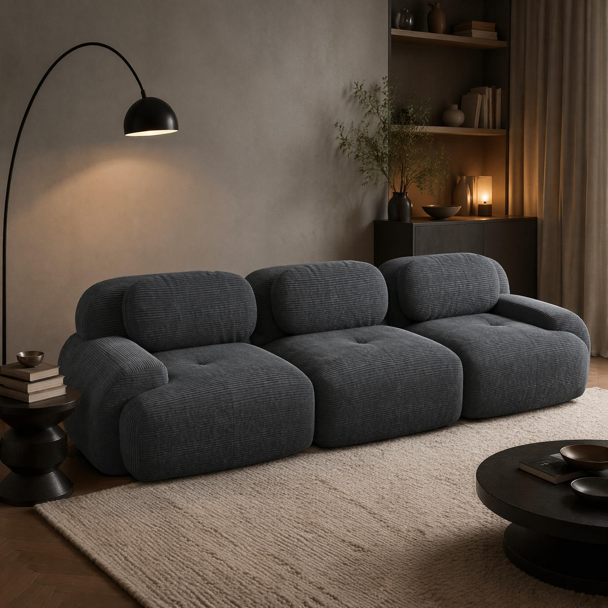 SOFA in Grau aus Cord mit rutschfester Unterseite - Grau, Textil (103/70/298cm) - Flora Grace