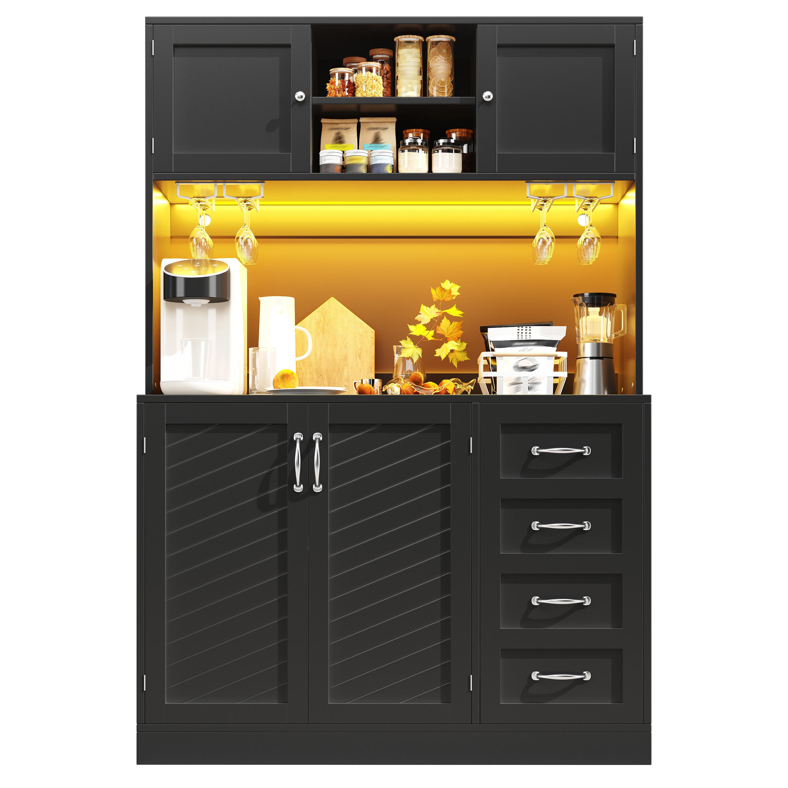 KÜCHENSCHRANK LED 120x40x188Cm 4 Türen 2 Schubladen Grün - Schwarz, Holzwerkstoff (120/188/40cm) - FLIEKS