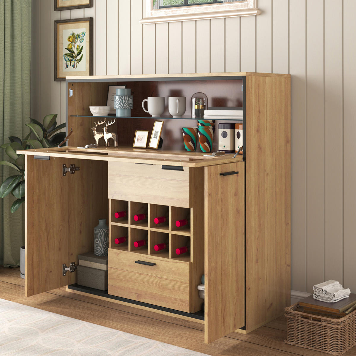 BUFFET 110/38/111 cm natur/schwarz aus Holzwerkstoff mit LED - Naturfarben, Holzwerkstoff (110/111/38cm) - OKWISH