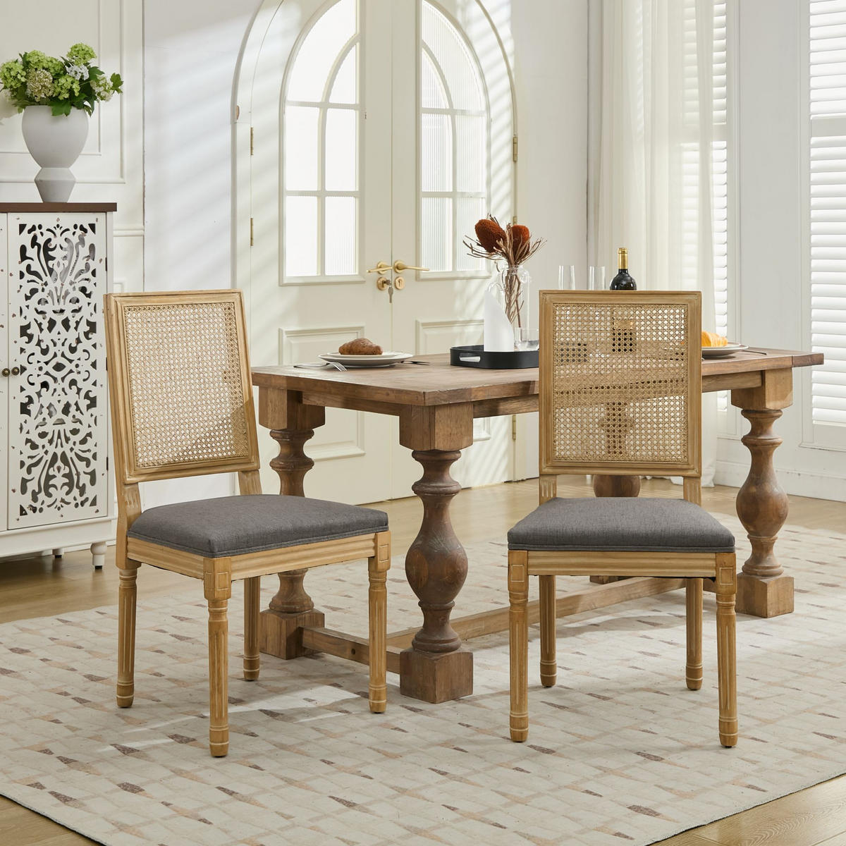STUHL-SET DE-36376 2 Stück mit Rattan-Rückenlehne Grau - Grau, Holz (50/98.5/53cm) - ComfortXL