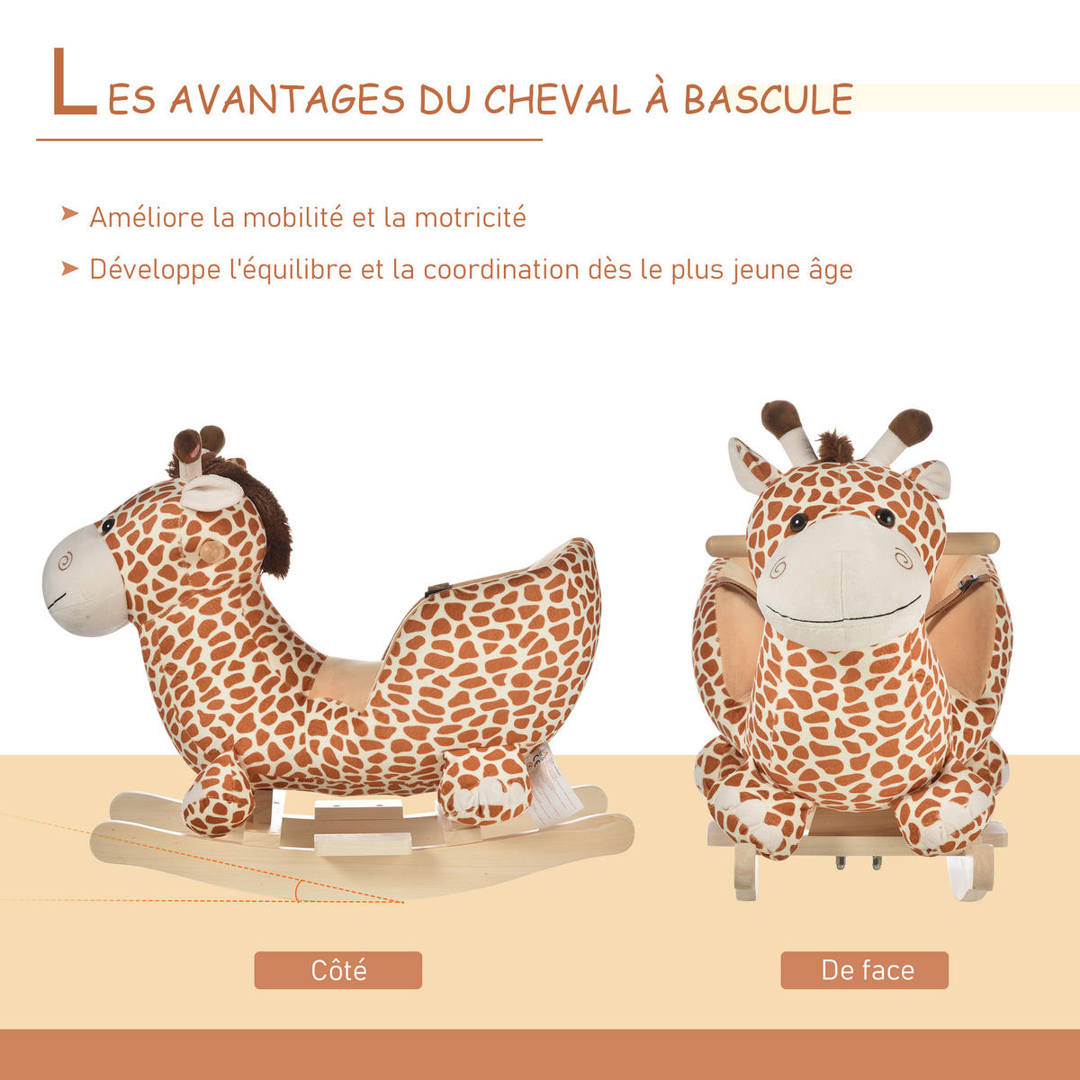 SCHAUKELPFERD DE-18226 Giraffe, Musikfunktion, Sicherheitsgurt Braun-Beige - Braun, Holz (33/45/60cm) - ComfortXL