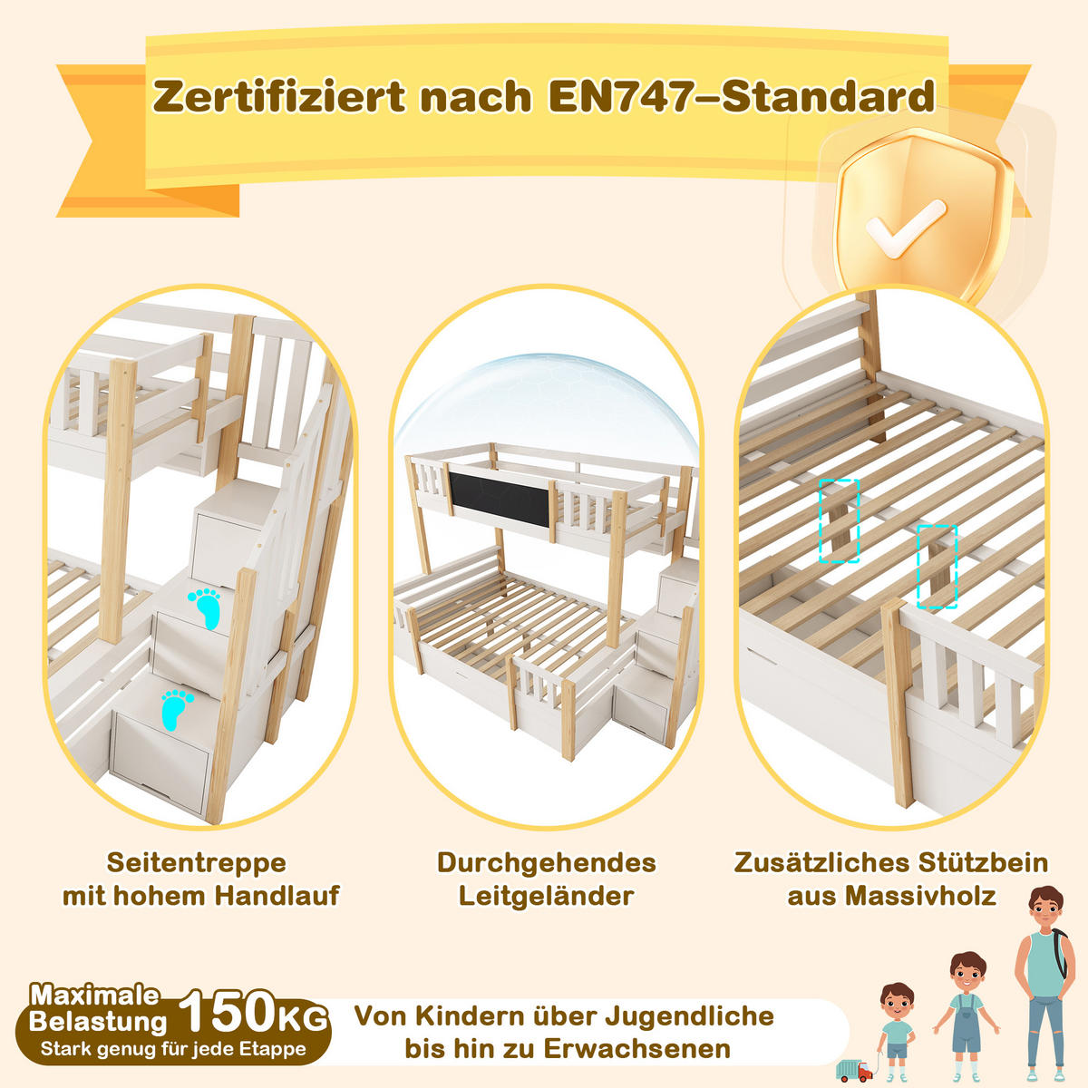 ETAGENBETT 90/200 cm & 140/200 cm in Weiß & Natur mit Schubladen, Regal und Leiterschrank - Weiß/Naturfarben, Holz/Holzwerkstoff (90/200cm) - WISHDOR