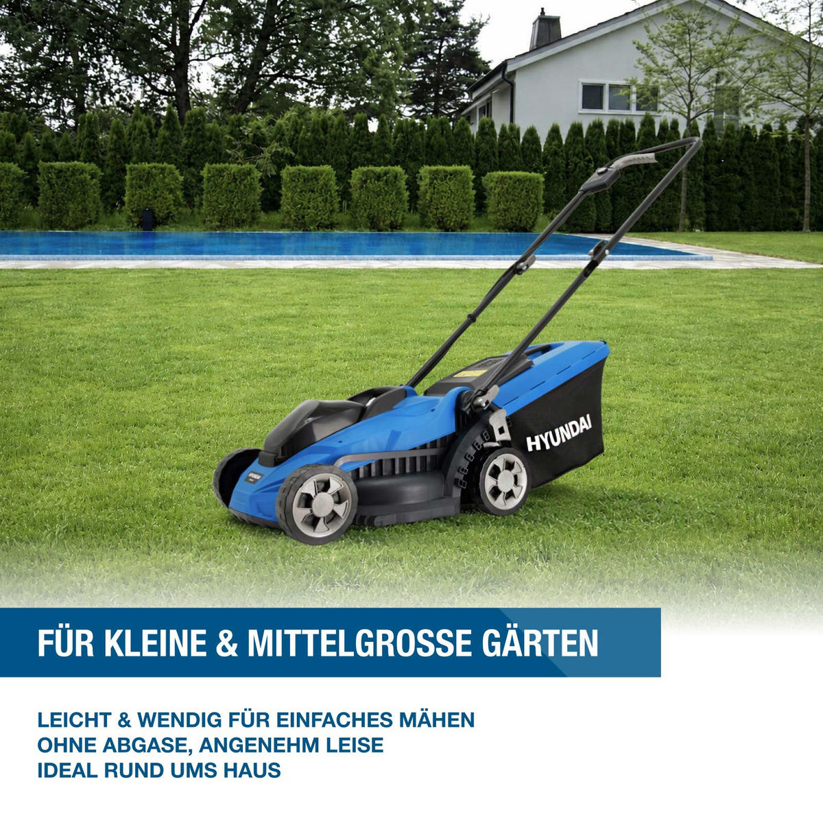 AKKU-RASENMÄHER 20V Brushless – 33 cm, 2 x 4.0 Ah Akku & Doppelladegerät – 35L Korb - Blau, Kunststoff (38.6/101/131.5cm) - HYUNDAI