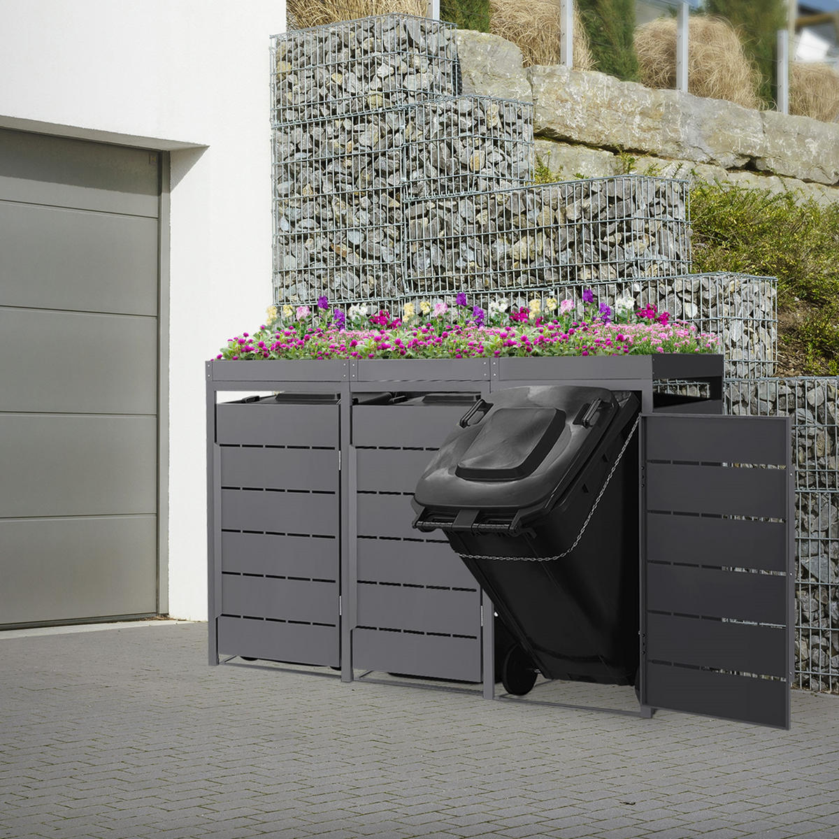 MÜLLTONNENBOX 3er mit Pflanzdach 240L 196x80x124 cm Anthrazit aus Stahl - Anthrazit, Metall (80/124/196cm) - ML-DESIGN