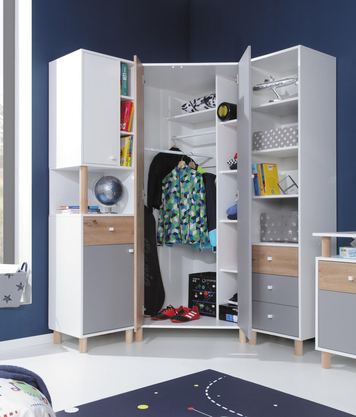 ECKKLEIDERSCHRANK Farin in Weiß, Eiche Artisan und Grau - Weiß, Holzwerkstoff (90/190/90cm)
