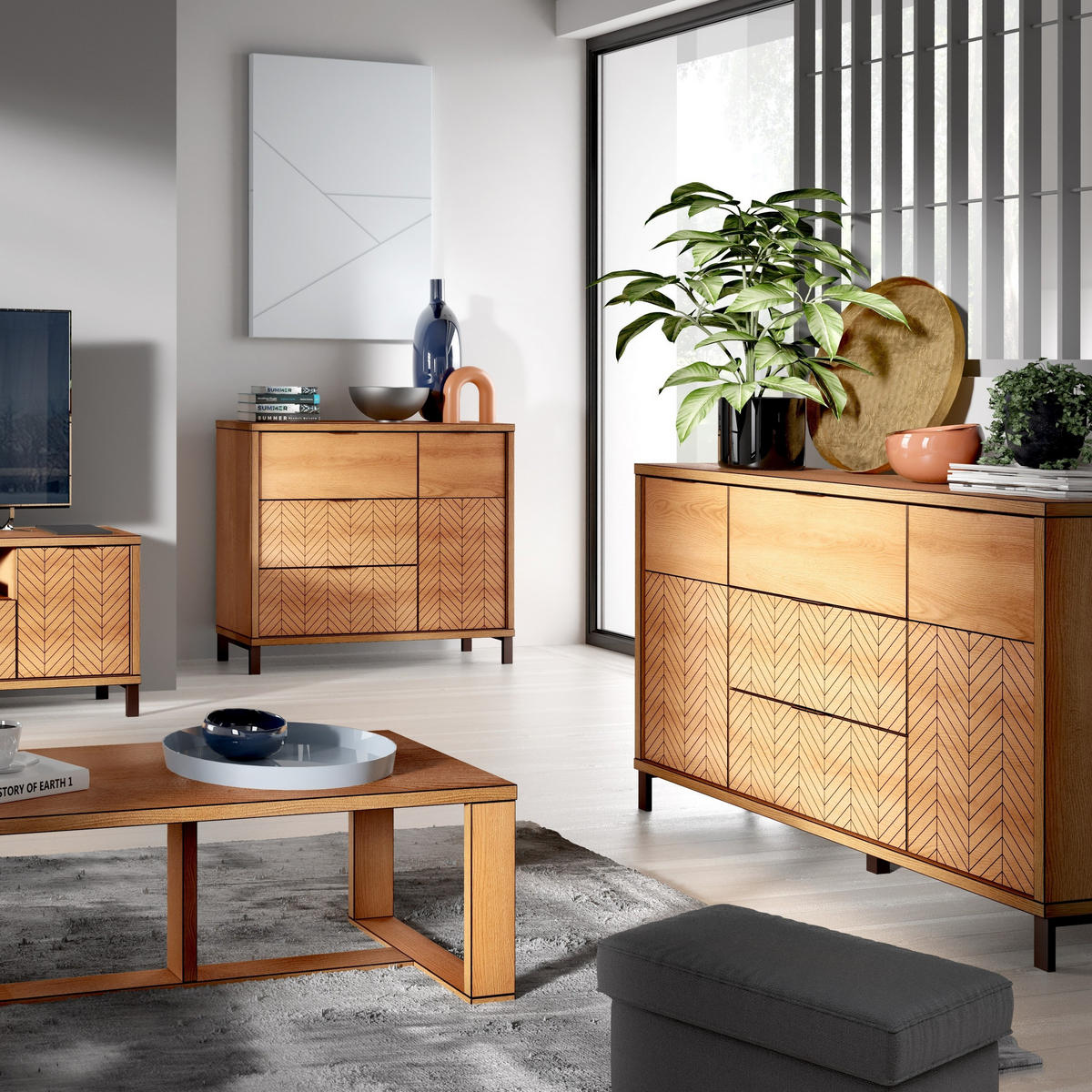 KOMMODE CARINI 158/90/40,6cm mit 3 Schubladen 2 Türen Eichefarben - Eichefarben, Holzwerkstoff (158/90/40.6cm) - MASSENO