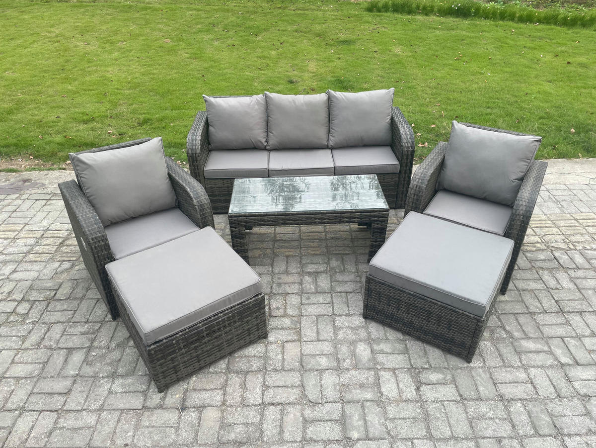 GARTENMÖBEL SET mit Sofa Polyrattan 7-Sitzer Dunkelgrau - Dunkelgrau/Grau, Glas/Kunststoff - Fimous
