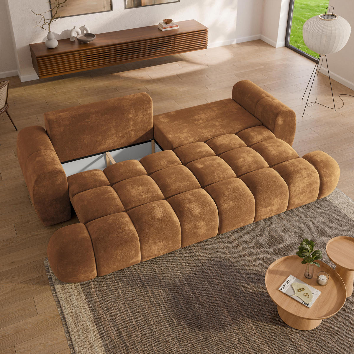 BETTSOFA DAFNE Hellbraun Chenille-Stoff mit Schlaffunktion - Hellbraun, Textil (300/88/113cm) - MASSENO