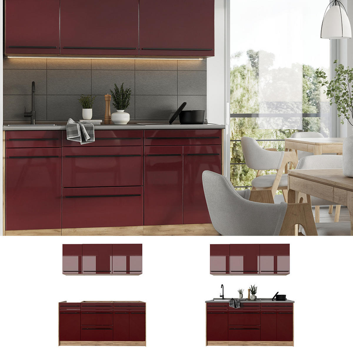 SINGLEKÜCHE R-Line, Rot Hochglanz/Goldkraft Eiche, 160 cm Arbeitsplatte Anthrazit - Honigeiche/Rot, Holzwerkstoff (160/81.6/60cm) - Vicco
