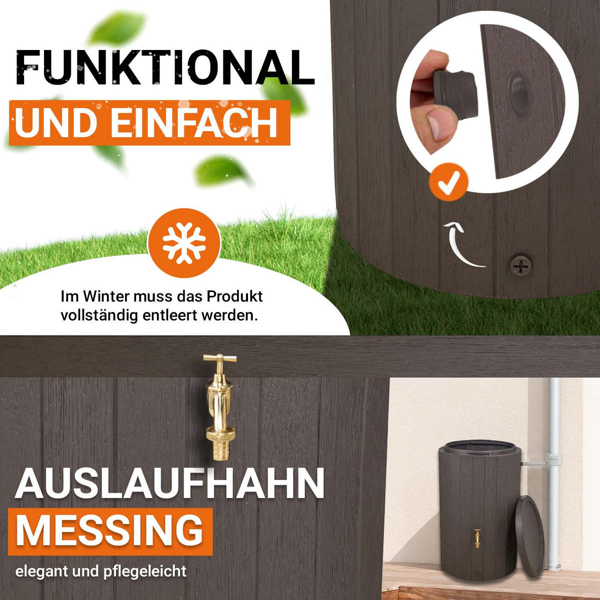 REGENTONNEN Komplett-Set 230 L braun inkl. Messing-Auslaufhahn und Fallrohranschluss - Braun, Kunststoff (57/93/59cm) - GARANTIA