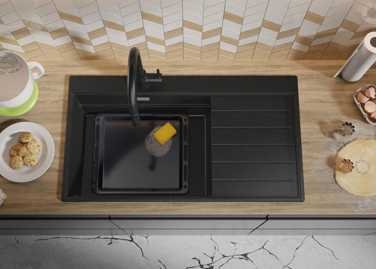 SPÜLBECKEN Sydney, 2-er set Anthrazit 90/50 cm 1 Becken + Ablauf-Set + Küchenzubehörset ab 60er Unterschrank - Chromfarben/Anthrazit, Kunststoff (90/20/50cm) - Primagran