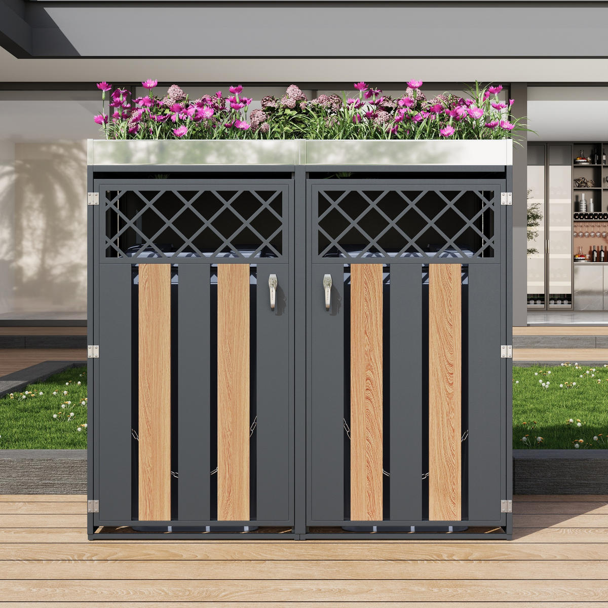 MÜLLTONNENBOX aus Stahl in Grau/Holzoptik mit Pflanzgefäß & Schloss - Grau, Metall (132/124.5/80cm) - Modfu