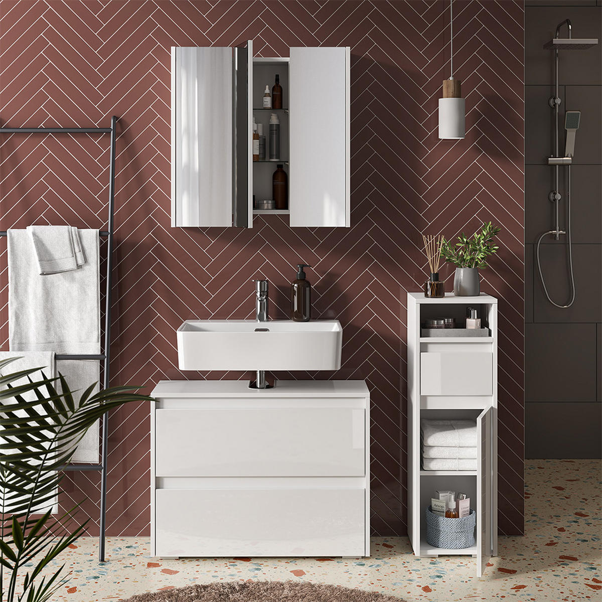 BADMÖBEL-SET Majest Weiß/Weiß Hochglanz 3 Teile - Weiß Hochglanz, Holzwerkstoff (30.2/96.3/30cm) - Vicco