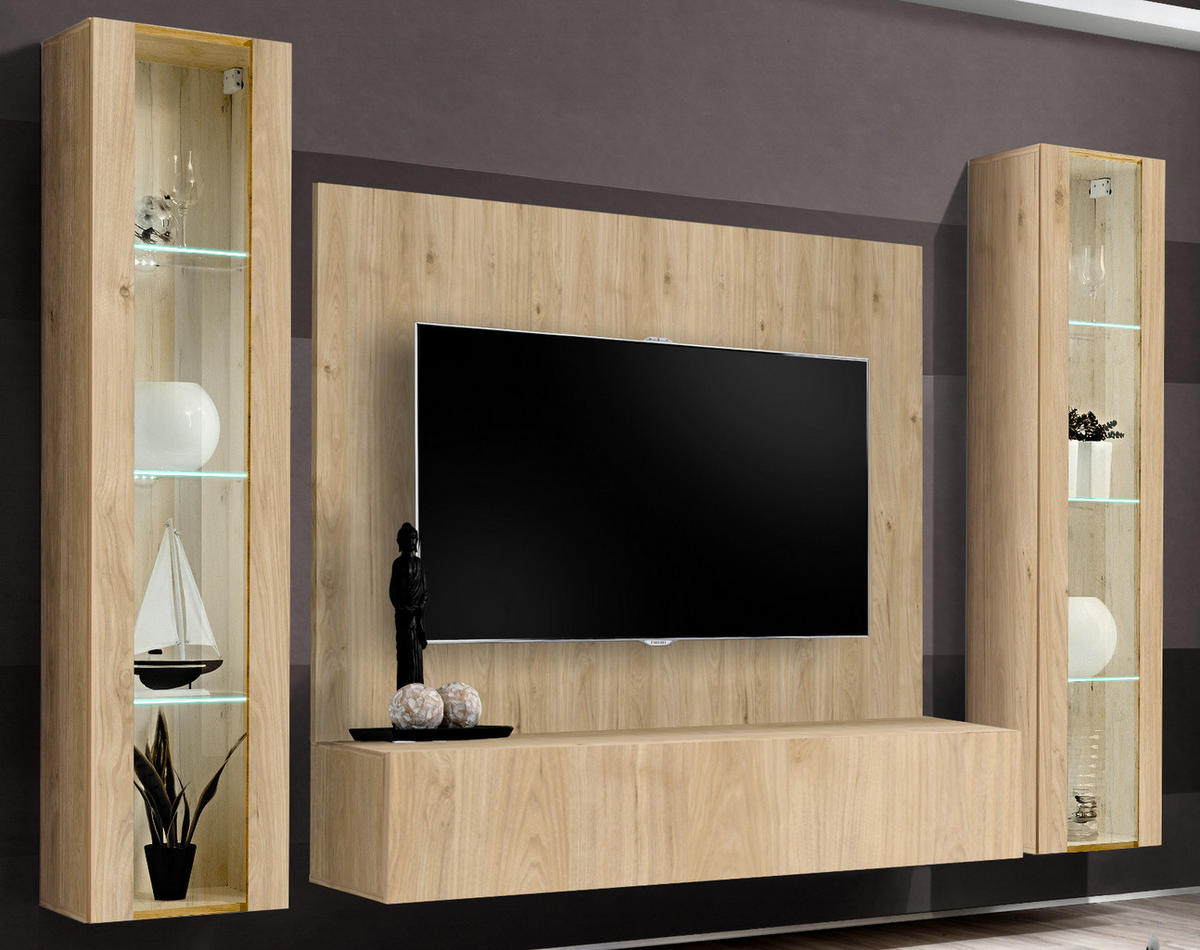 WOHNWAND Eiche Jackson 4-teilig 260 cm hängend, Schrankwand mit LED-Beleuchtung - Eichefarben, Glas/Holzwerkstoff (260/170/40cm) - Inn.Furn