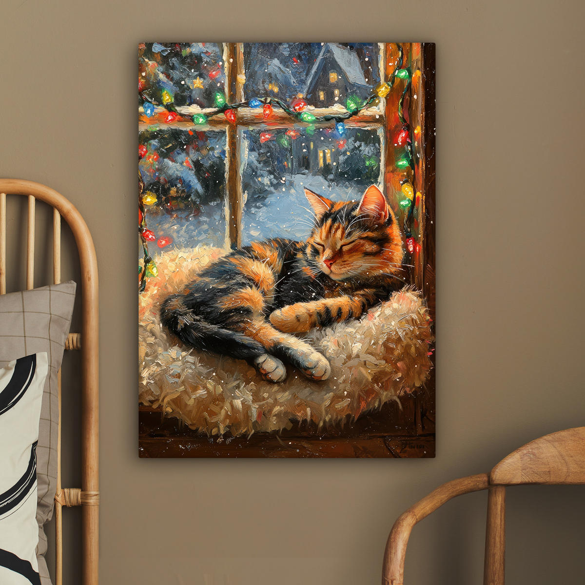 LEINWANDBILD Katze - Weihnachten - Winter - Tier 60x80 cm - Bernsteinfarben, Textil (60/80cm) - MuchoWow