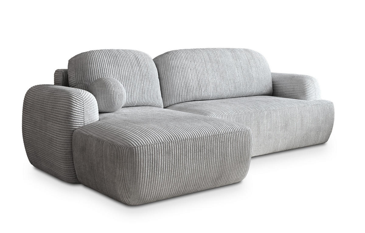 ECKSOFA MODENZA P L-S Hellgrau Kordstoff mit Schlaffunktion - Hellgrau, Holz (266/148cm) - MASSENO