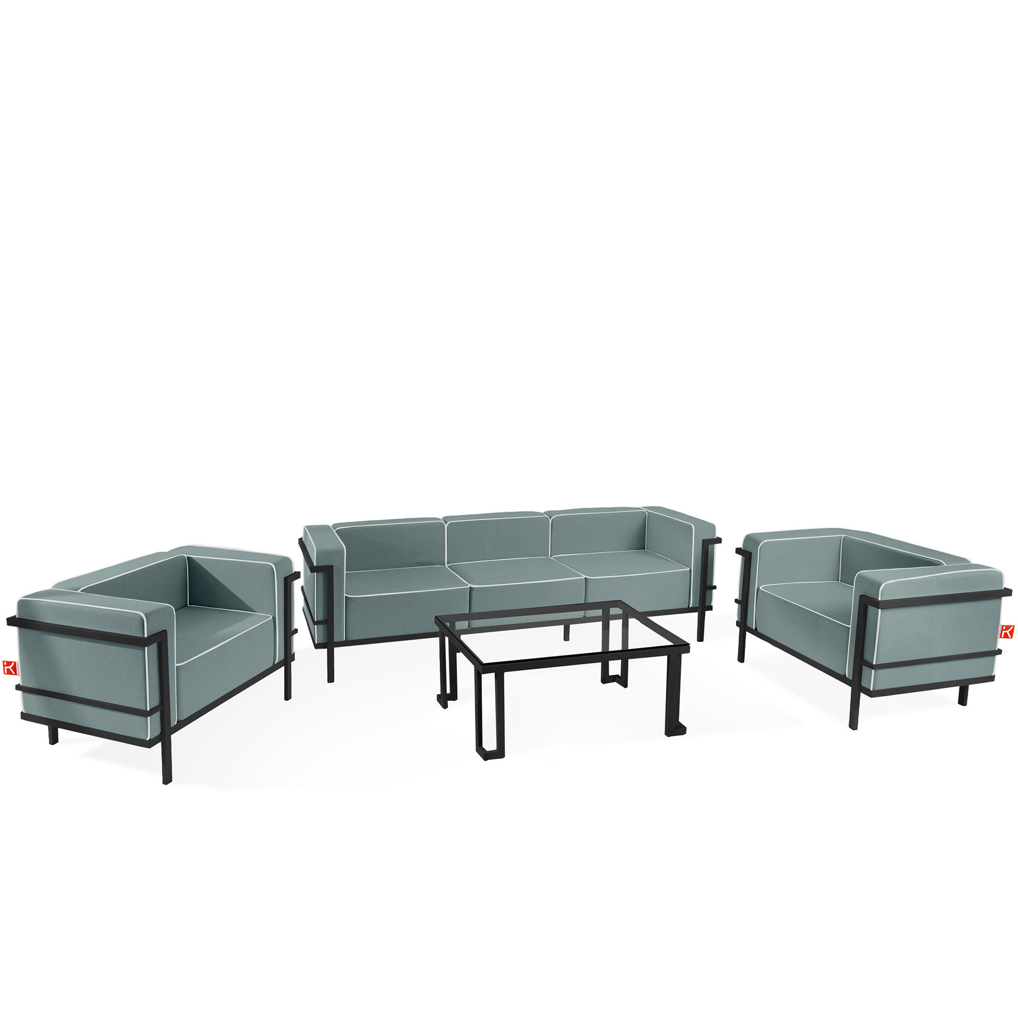GARTENLOUNGE-SET TRIGLO 1x Tisch, 2x Sessel, 1x Sofa 3-Sitzer, 4-tlg., Modern, Dunkelgrau - Dunkelgrün/Dunkelgrau, Glas/Textil - KONSIMO®