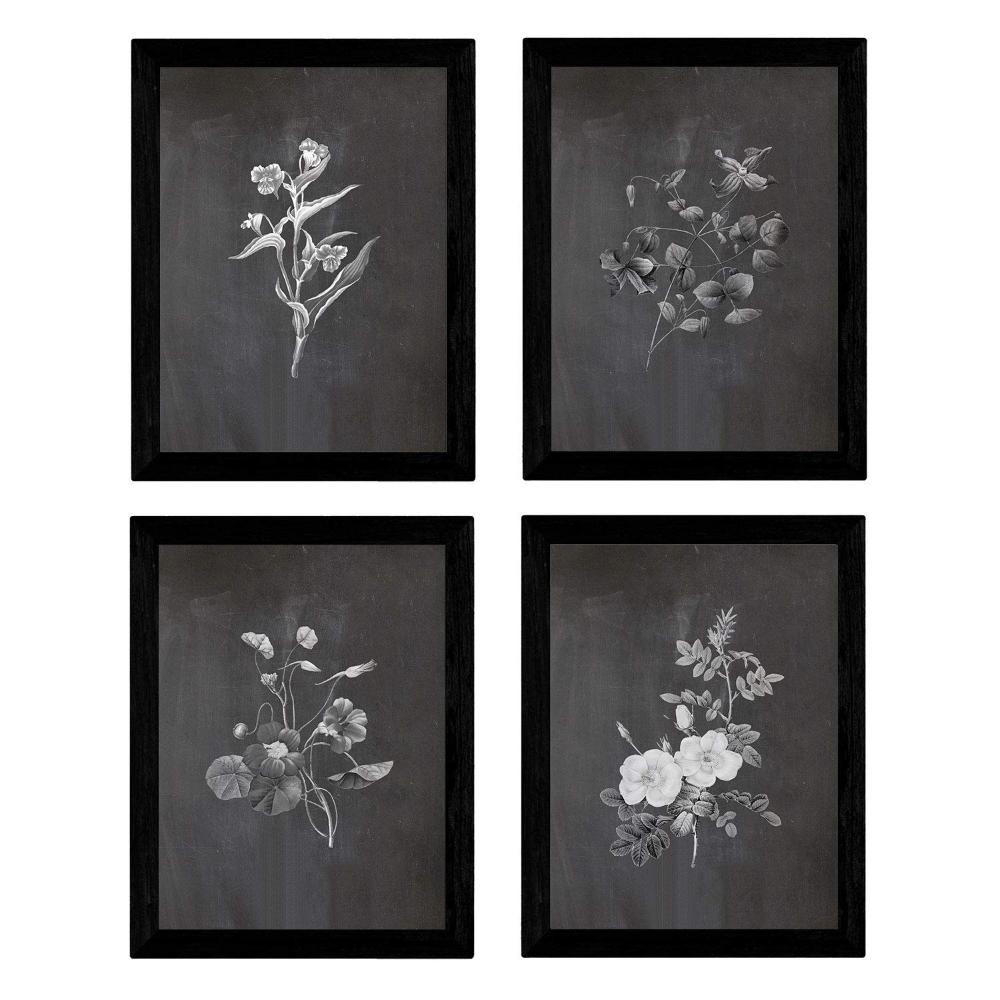 POSTER Set mit 4 Botanische Schwarz Hintergrund farbige Blumen A3 Rahmenlos - Klar, Papier (29.7/3cm) - Nacnic
