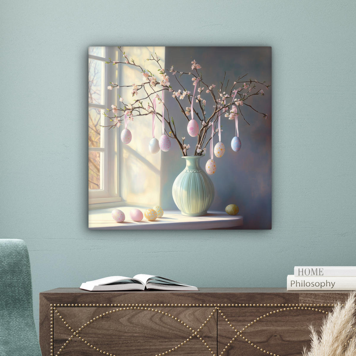 LEINWANDBILD Stillleben - Vase - Osterzweig Wandbild Wohnzimmer 50x50 cm - Hellblau, Textil (50/50cm) - MuchoWow