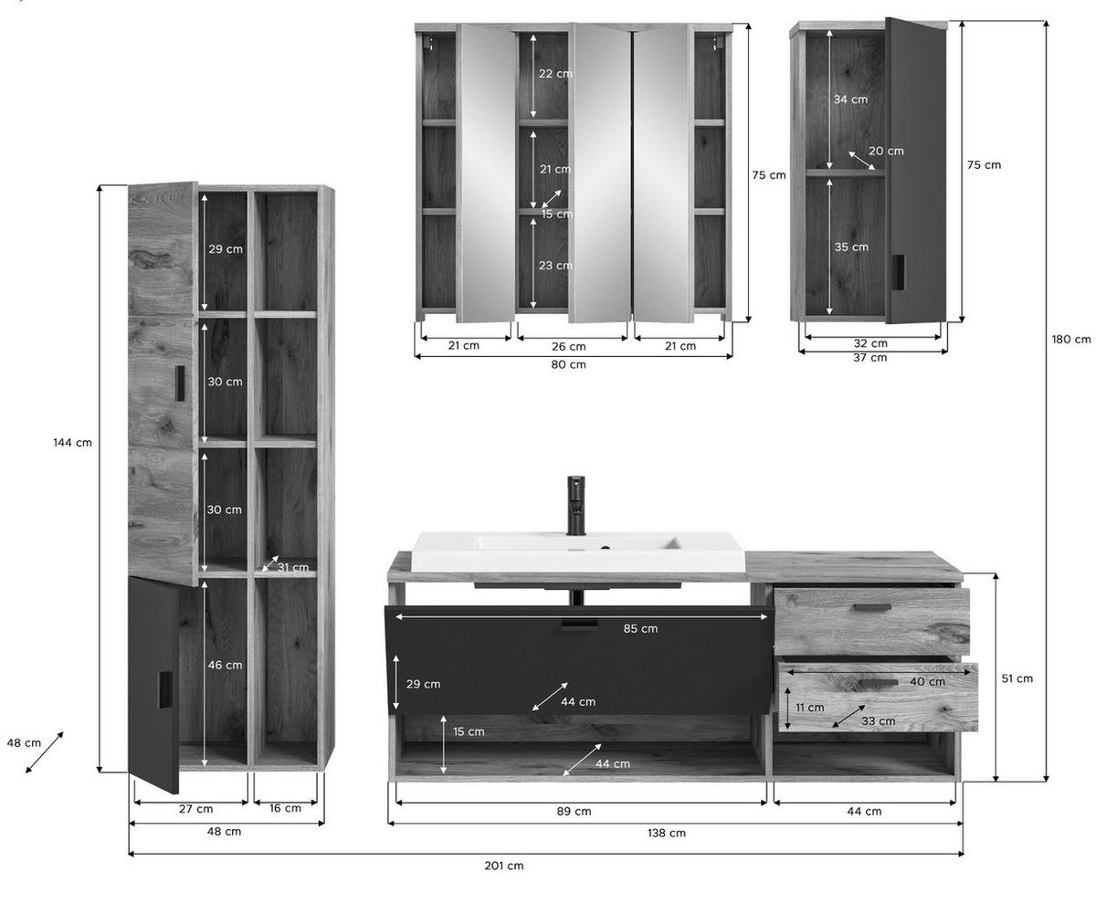 BADMÖBEL-SET Eiche, grau matt 5-teilig 200 cm, Kombination mit Waschbecken - Eichefarben/Grau, Holzwerkstoff (203/192/48cm) - Inn.Furn