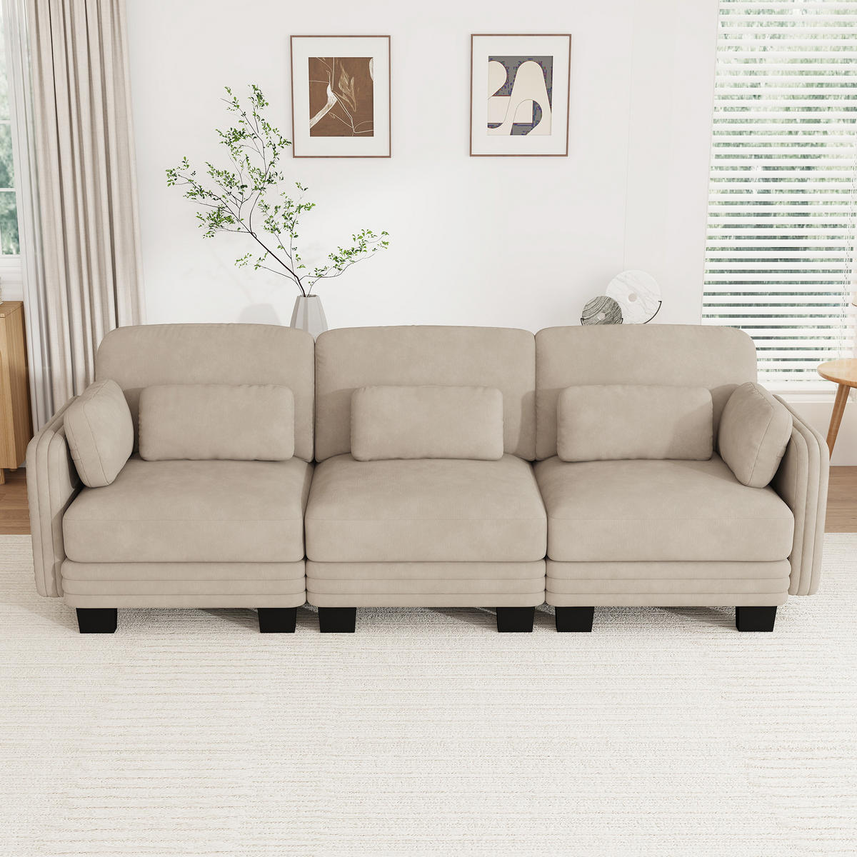 3-SITZER-SOFA Chenille mit Lenden- und Armkissen, DE-42686, Hellbraun - Hellbraun, Holz (253/88/88cm) - ComfortXL