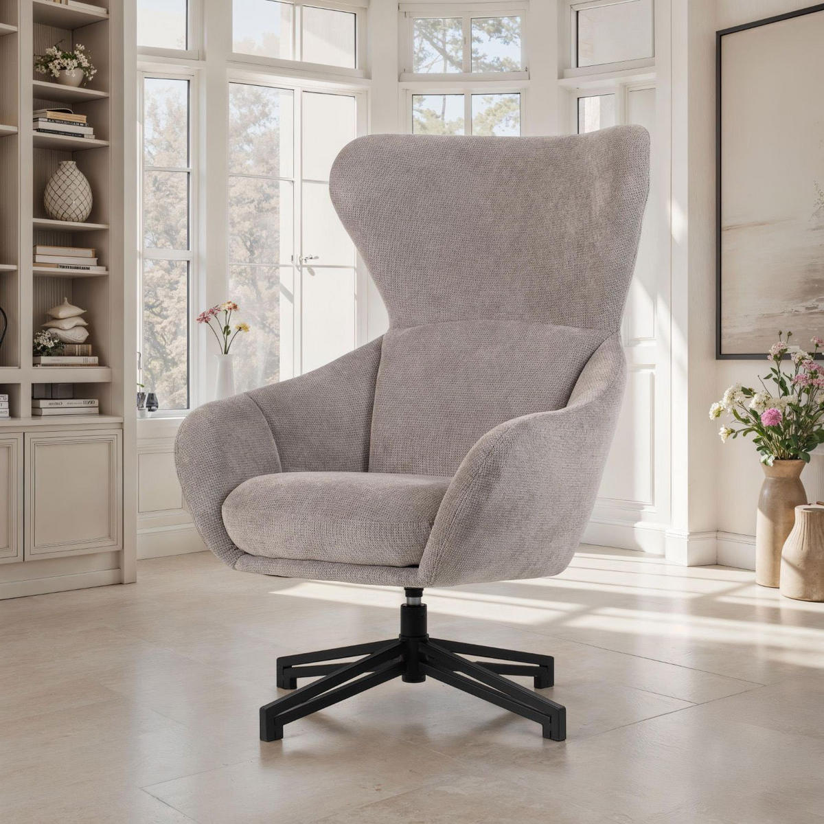 OHRENSESSEL Marconia - drehbar - hellgrau - Hellgrau/Schwarz, Textil/Metall (74/109/80cm) - bene living