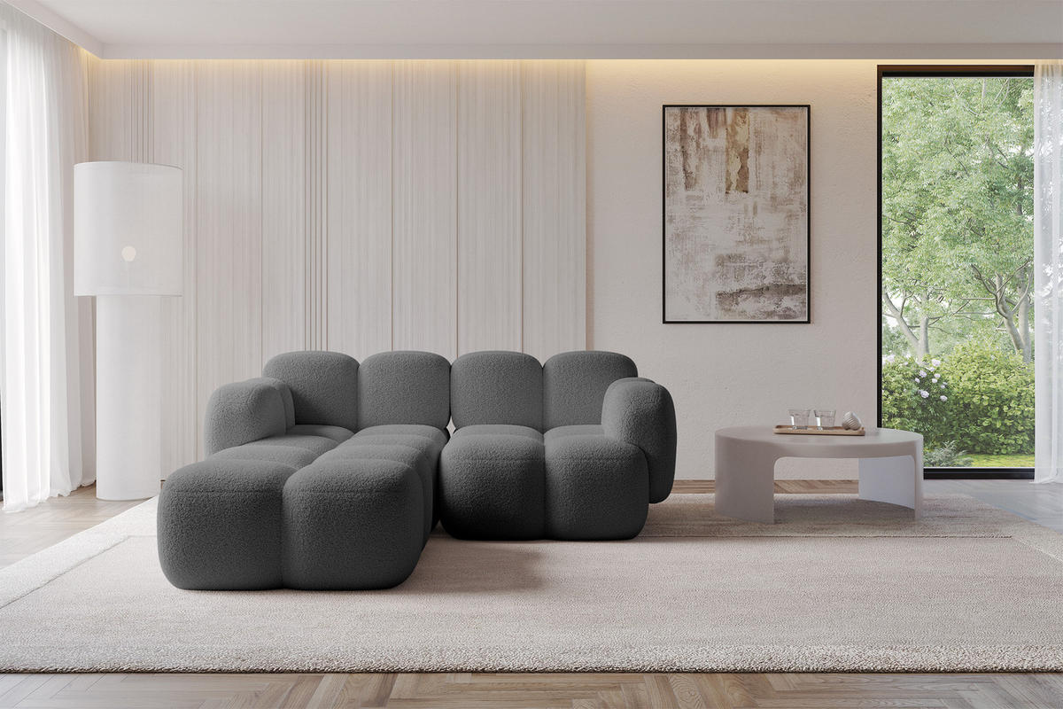 ECKSOFA modulares Sofa Links Miko-L1 214x205x75 Grau Bouclé - Chromfarben/Schwarz, Holzwerkstoff/Kunststoff (214/205cm) - ALTDECOR