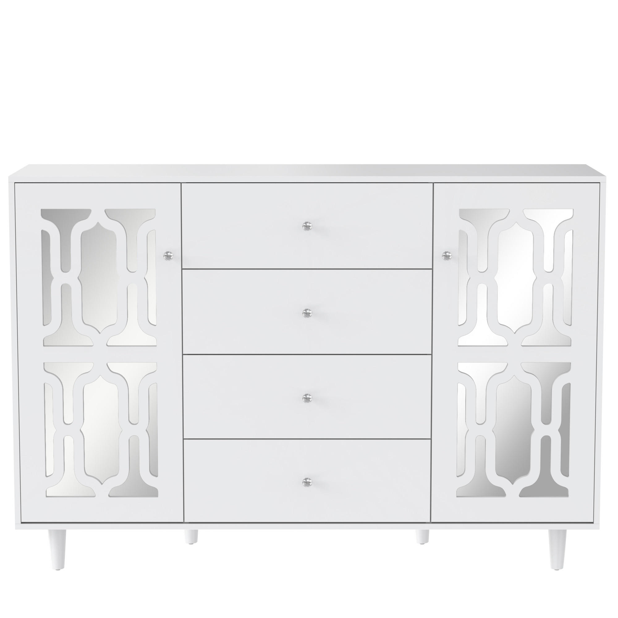 SIDEBOARD Weiß Spiegel Kristallgriffe 147,5cm modern - Weiß, Holzwerkstoff (40/102/147.5cm) - FLIEKS