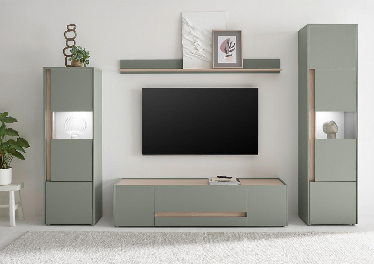 VITRINE Salbei grün, Barista Eiche 50 x 150 cm, Vitrinenschrank halbhoch - Salbeigrün/Eichefarben, Glas/Holzwerkstoff (50/155/40cm) - Furn.Design