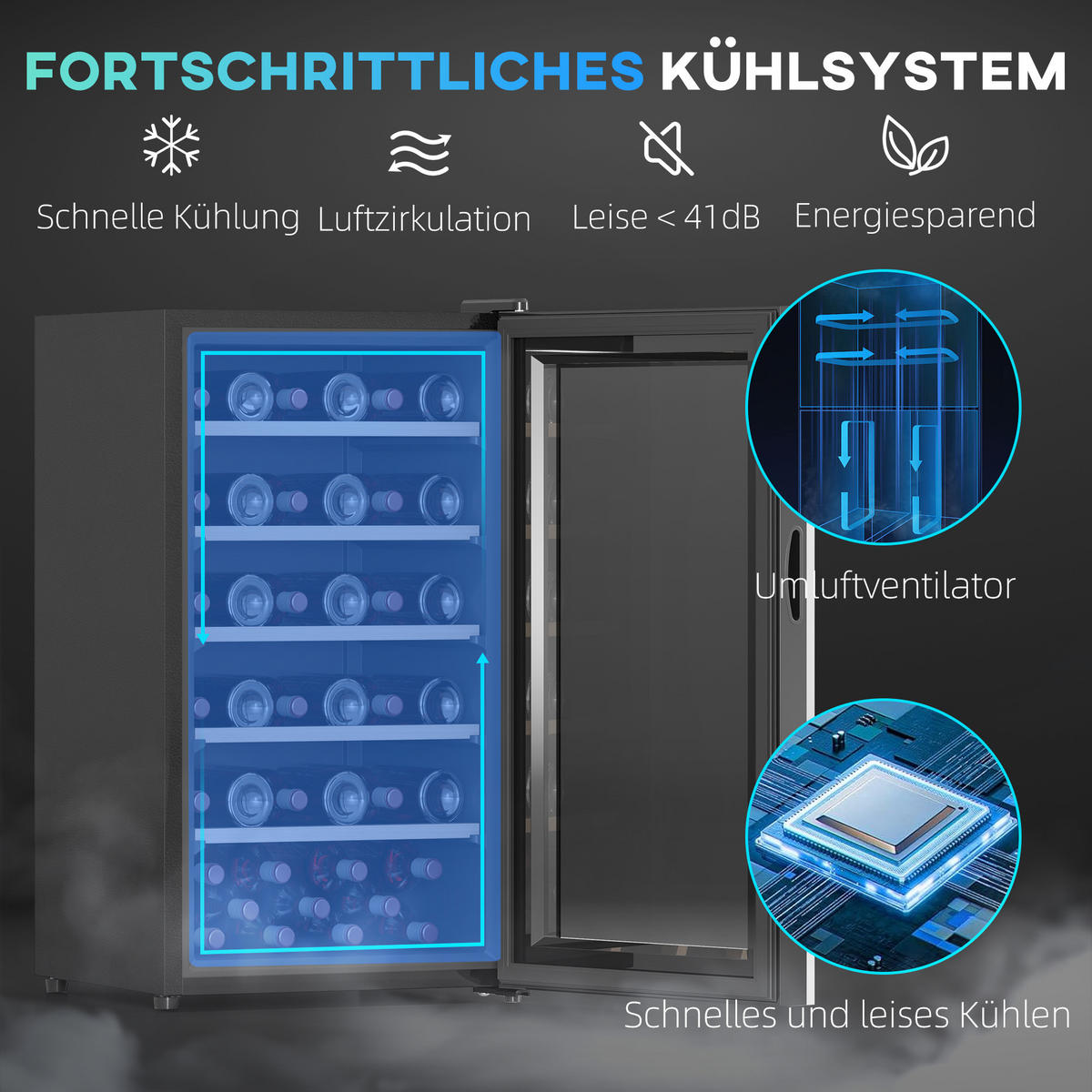 WEINKÜHLSCHRANK für 41 Weinflaschen, 91 Liter Kapazität, LED-Anzeige, Schwarz - Schwarz, Metall (53.8/79.8/45.1cm) - HOMCOM
